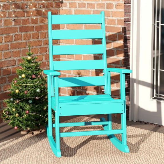 FURRYFECTION Outdoor Rocking Chair with High Ladder Back,HDPE Plastic Porch Rocker Chairs for Patio,Garden,Lawn,Balcony,Aqua