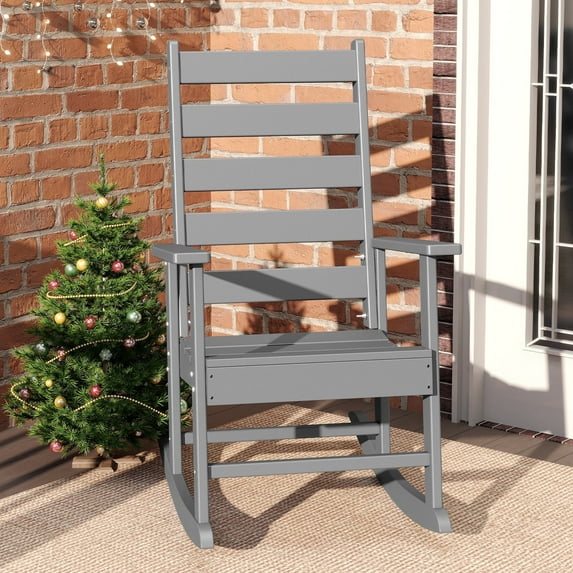 FURRYFECTION Outdoor Rocking Chair with High Ladder Back,HDPE Plastic Porch Rocker Chairs for Patio,Garden,Lawn,Balcony,Grey