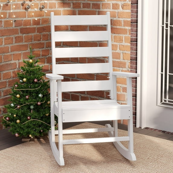 FURRYFECTION Outdoor Rocking Chair with High Ladder Back,HDPE Plastic Porch Rocker Chairs for Patio,Garden,Lawn,Balcony,White