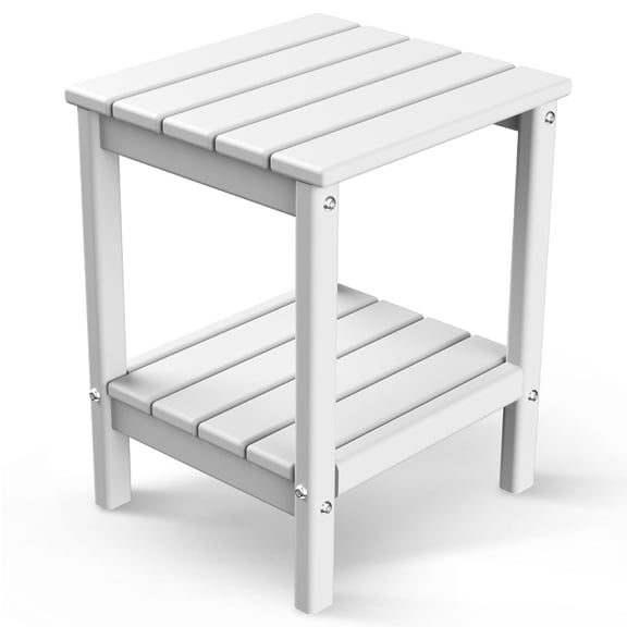 FURRYFECTION Outdoor White Side Table, 2-Shelf Plastic End Table for Indoor Outside