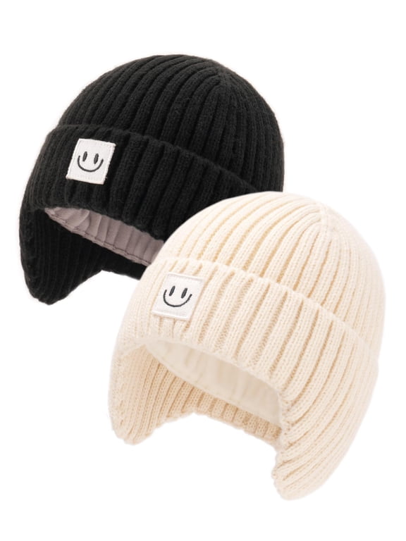 2 Pack Baby Beanie Toddler Winter Warm Hat Infant Soft Fleece Lined with Earflap Cute Knit Kids Caps