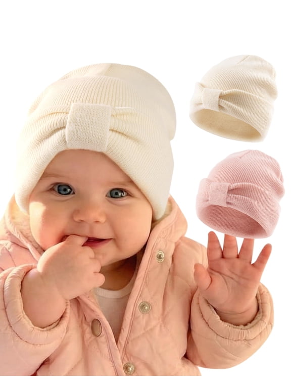 2 Pack Baby Beanie Winter Hat Knitted Warm Hat with Cute Bow Infant Toddler Cuffed Beanies