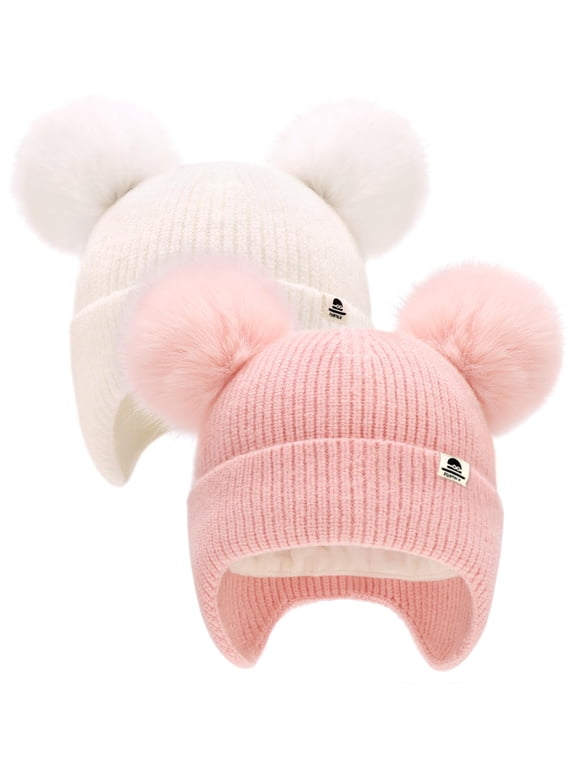 2 Pack Baby Toddler Winter Hat Pom Pom Beanie Girls Boys with Fleece Lined Kids Warm Cap