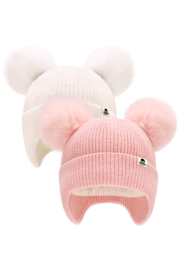 2 Pack Baby Toddler Winter Hat Pom Pom Beanie Girls Boys with Fleece Lined Kids Warm Cap