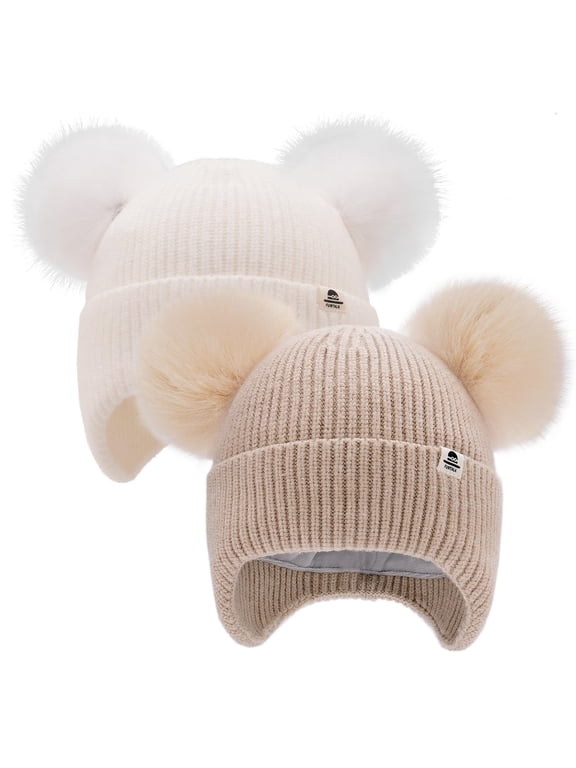 2 Pack Baby Toddler Winter Hat Pom Pom Beanie Girls Boys with Fleece Lined Kids Warm Cap