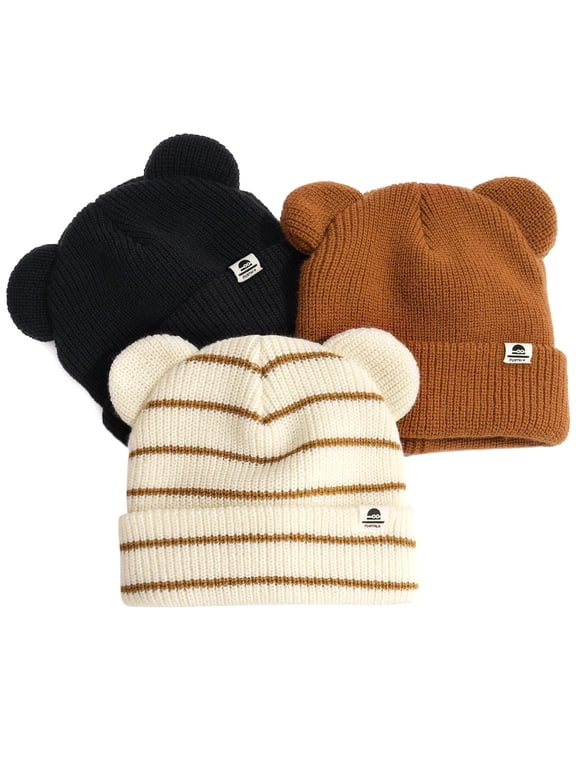 3 Pack Baby Beanie Winter Hat with Bear Ear for Infant Toddler Boys Girls Soft Warm Knitted Skull Cap