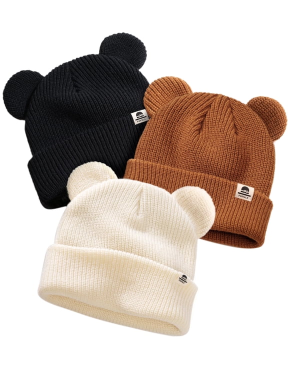 3 Pack Baby Beanie Winter Hat with Bear Ear for Infant Toddler Boys Girls Soft Warm Knitted Skull Cap
