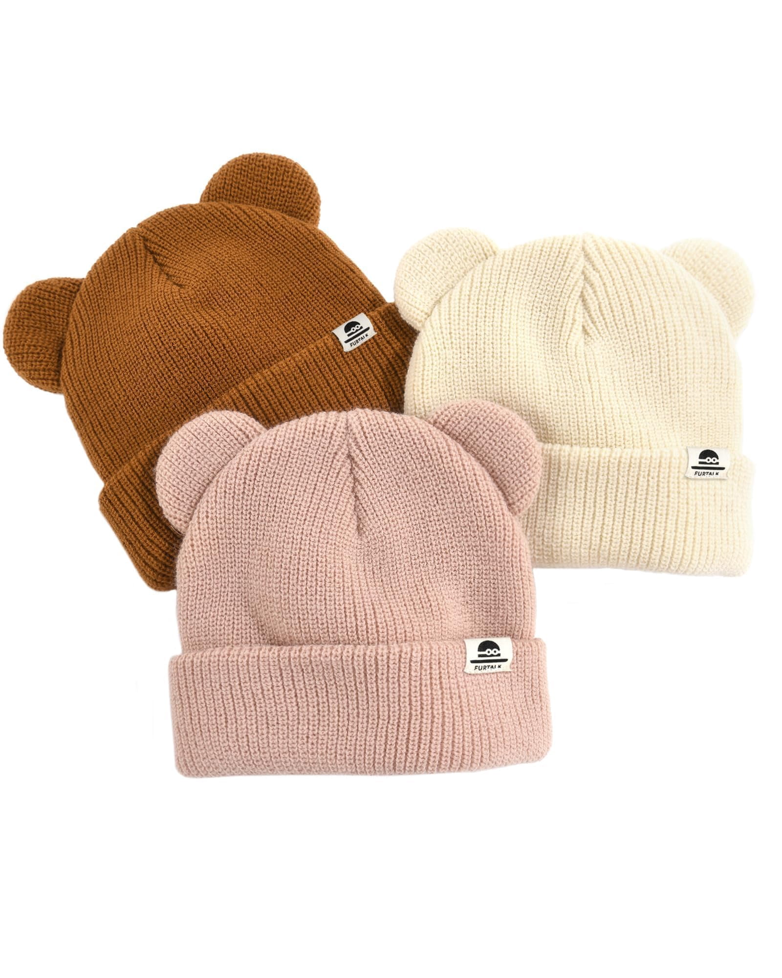 FURTALK 3 Pack Baby Beanie Winter Hat with Bear Ear for Infant Toddler Boys Girls Soft Warm Knitted Skull Cap
