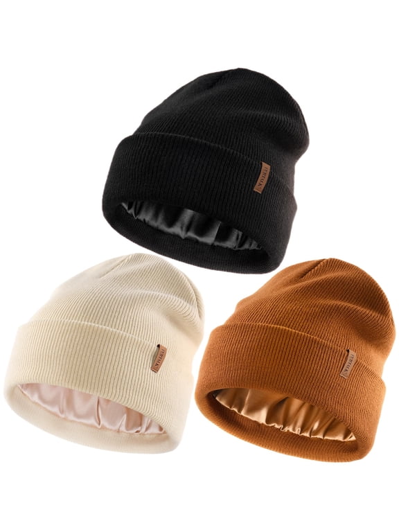 3 Pack Womens Winter Warm Satin Lined Beanie Hats Silk Lining Unisex Knit Slouchy Caps