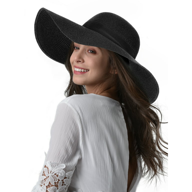 FURTALK Fashion Beach Hats for Women Wide Brim UPF 50 Sun Hat Foldable Roll  up Floppy Straw Hats for Women - Black - M