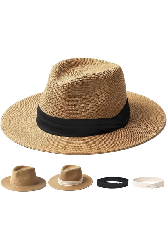 Panama Hat Sun Hats for Women Men Wide Brim Fedora Straw Beach Hat UV UPF 80+