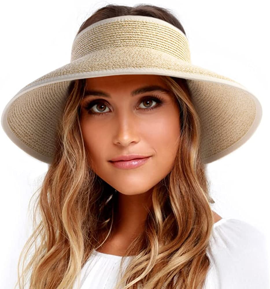 FURTALK Straw Sun Visors for Women Foldable Sun Hat UPF 50+ Summer Beach Hat  Adjustable Topless Beach Hat- Black 