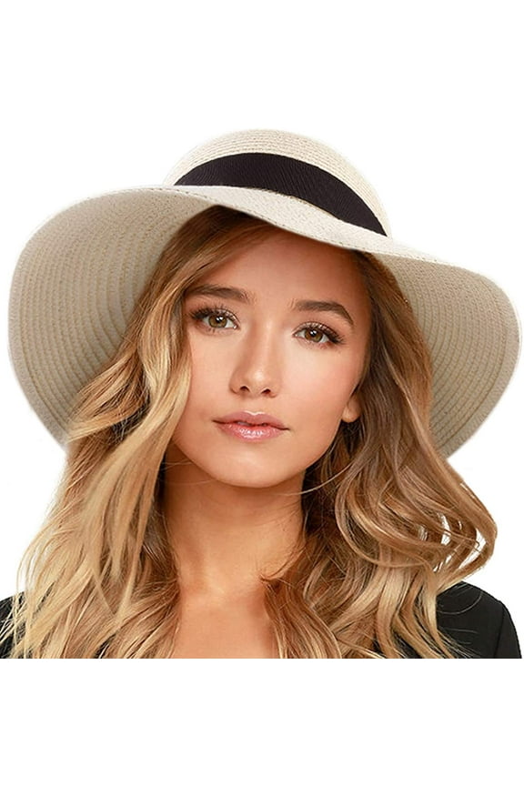 Sun Hat for Women UV UPF50 Straw Beach Hat Foldable Brim Summer Travel Hat - Beige Black - L