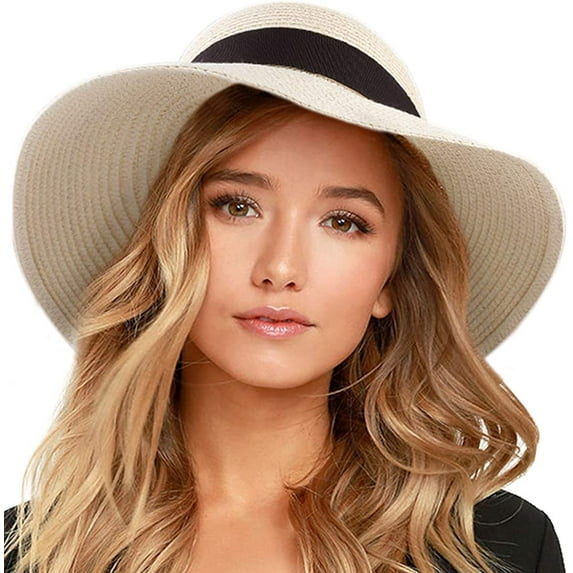 FURTALK Sun Hat for Women UV UPF50 Straw Beach Hat Foldable Brim Summer Travel Hat - Beige Black - L