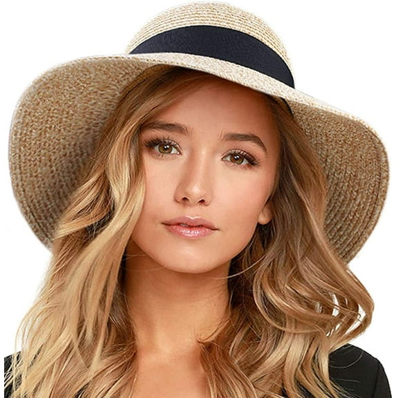 FURTALK Sun Hat for Women UV UPF50 Straw Beach Hat Foldable Brim Summer Travel Hat - Mix Beige Black - L