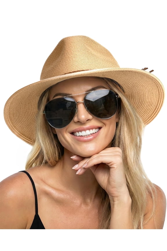Sun Hats for Women Summer Wide Brim UV UPF 50+ Panama Fedora Foldable Packable Straw Beach Hat