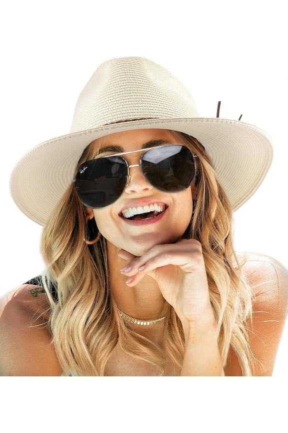 Sun Hats for Women Summer Wide Brim UV UPF 80+ Panama Fedora Foldable Packable Straw Beach Hat
