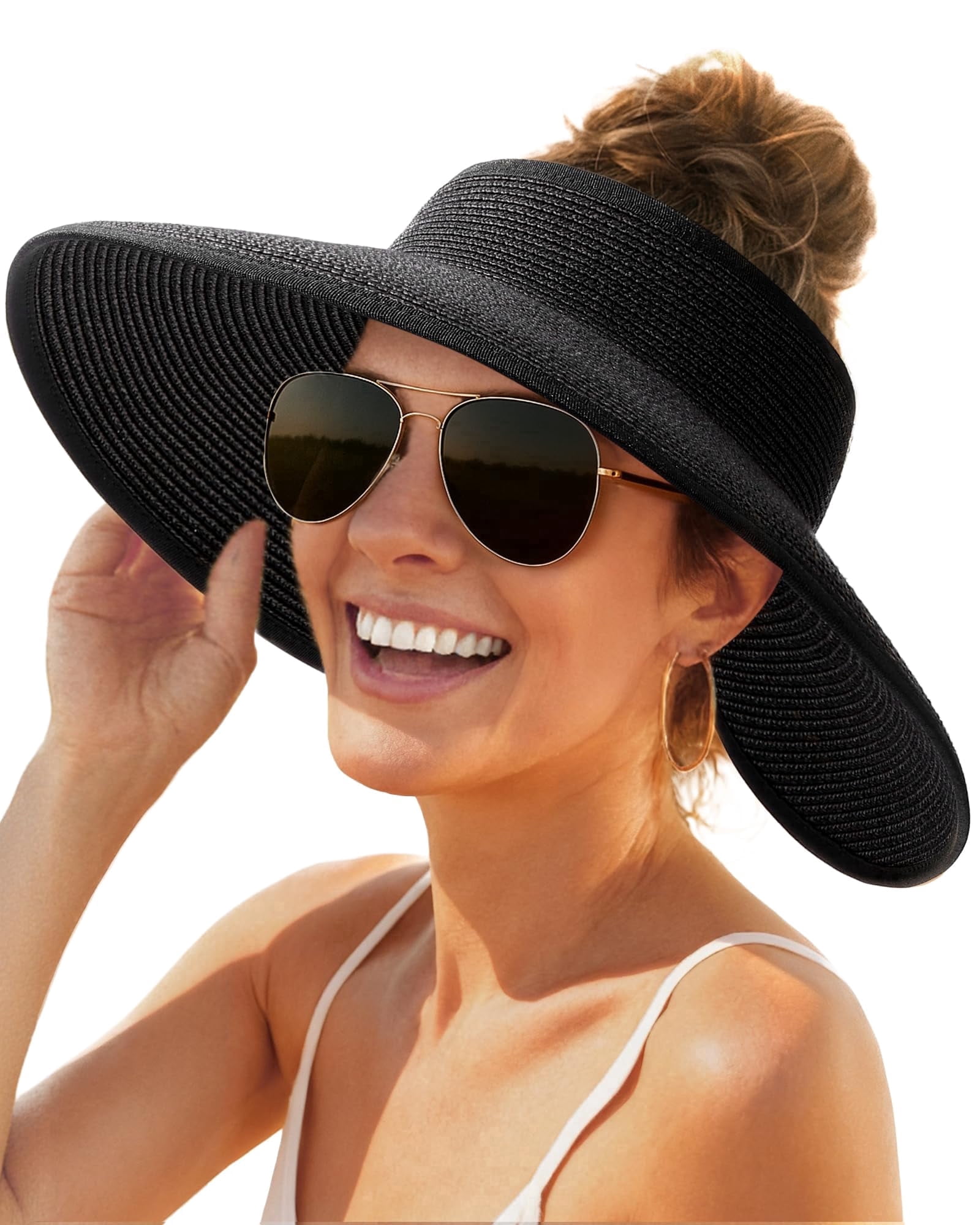 Wide Brim Straw Visor Sun Hat UPF80+ Foldable Ponytail Beach Hat Adjustable Wide Brim Ponytail Sun Hat UPF 80+ Foldable Beach Hat main image 2