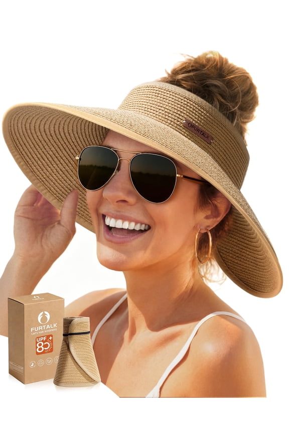 Sun Hats for Women Wide Brim Beach Hat Straw Visor Ponytail Summer UV Packable Foldable Beach Vacation Essentials