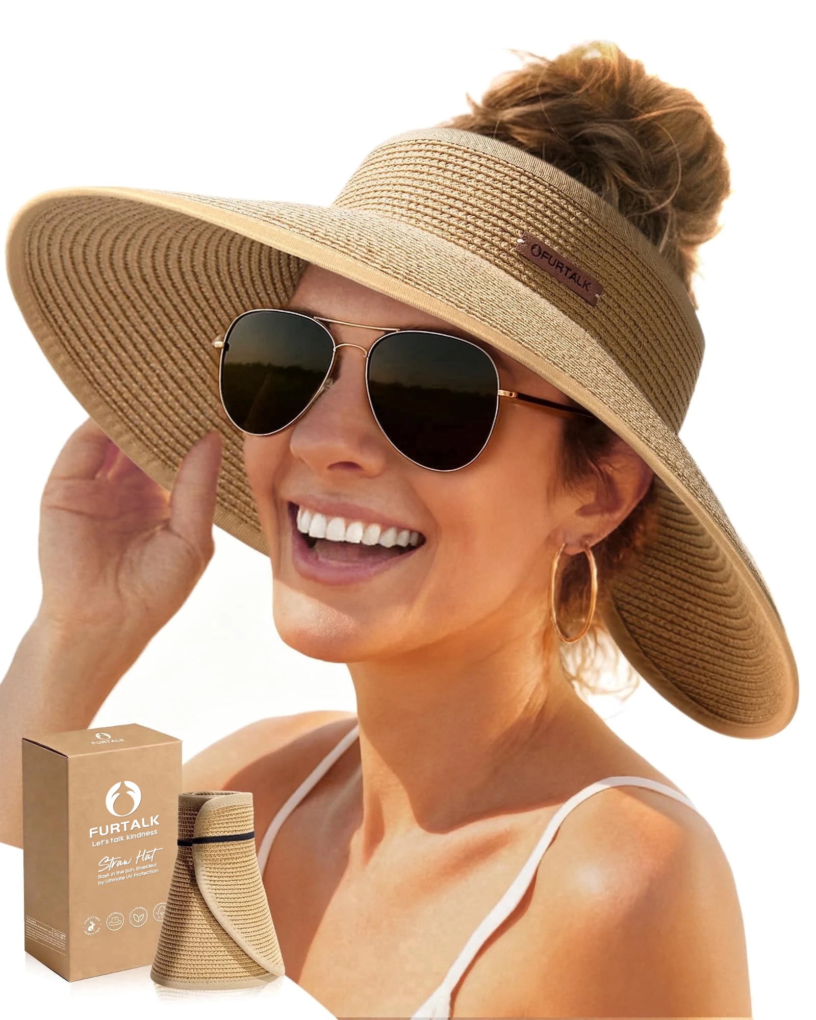 Wide Brim Straw Visor with UPF 80+ Sun Protection, Ponytail Opening, Foldable & Wide Brim Ponytail Sun Hat UPF 80+ Foldable Beach Hat main image 4