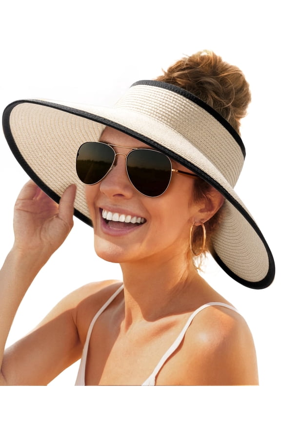 Sun Hats for Women Wide Brim Beach Hat Straw Visor Ponytail Summer UV Packable Foldable Beach Vacation Essentials