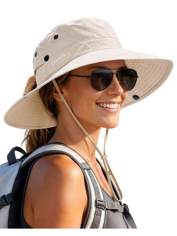 Sun Hats for Women with Ponytail Hole Wide Brim Beach Bucket Hat UPF 50+ Fishing Hiking Outdoor Hats