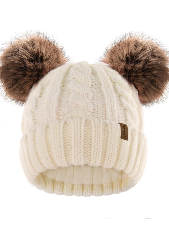 Toddler Warm Winter Hat Kids Baby Knitted Soft Beanie with Double Faux Fur Pom Poms for Girls Boys