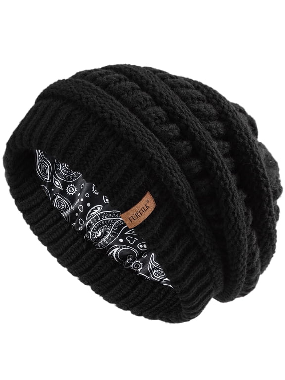 Winter Beanie Hat for Women Satin Lined Cable Knit Chunky Slouchy Beanies Skull Warm Cap