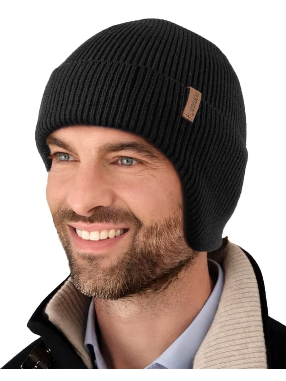 Winter Beanie Hats with Earflap for Men Warm Fleece Line Knitted Outdoor Caps