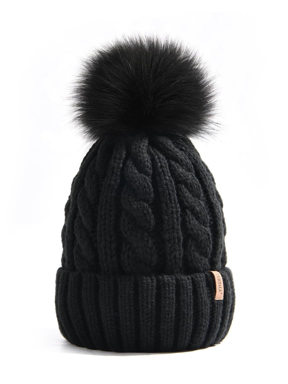 Winter Beanie Knit Hat for Women Warm Fleece Lined with Faux Fur Pom Poms Womens Thick Ski Hats Knitted Skull Cap