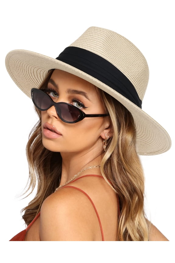 Womens Mens Wide Brim Straw Panama Hat Fedora Summer Beach Sun Hats UPF Straw Hat for Women