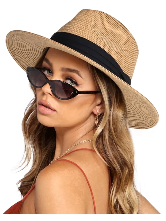 Womens Mens Wide Brim Straw Panama Hat Fedora Summer Beach Sun Hats UPF Straw Hat for Women