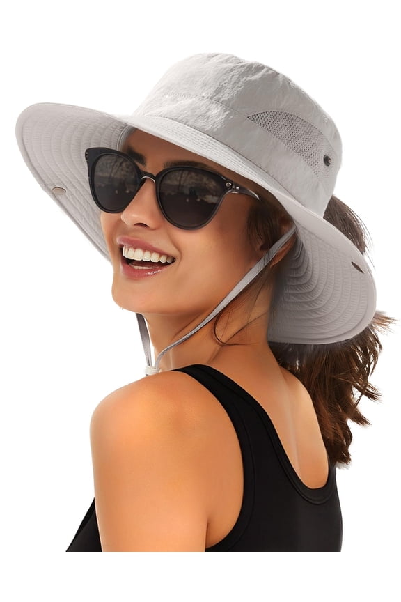 Womens Sun Hat with Ponytail Hole Beach Hiking Summer Wide Brim UPF 80+ Outdoor Protection Foldable Bucket Hat