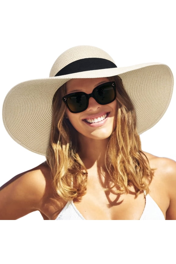 Womens Sun Straw Hat Wide Brim UPF 80 Summer Hat Foldable Packable Floppy Beach Hats for Women