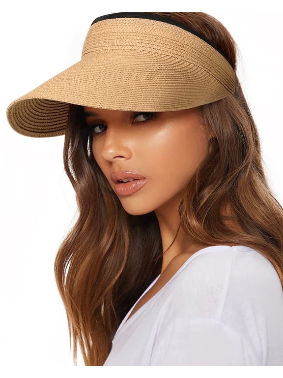 Womens Sun Visor Hat Straw Sun Visors for Women Summer Packable Ponytail Beach Hats for Women Travel