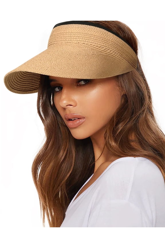 Womens Sun Visor Hat Straw Sun Visors for Women Summer Packable Ponytail Beach Hats for Women Travel UPF 50+