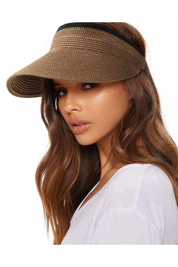Womens Sun Visor Hat Straw Sun Visors for Women Summer Packable Ponytail Beach Hats for Women Travel UPF 80+