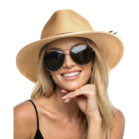 FURTALK Womens Wide Brim Sun Hat Beach Panama Fedora Straw Summer | Packable for Travel, Braided Strap Decor, Adjustable Chin Cord, Breathable Sweatband, Ideal for Summer Vacations