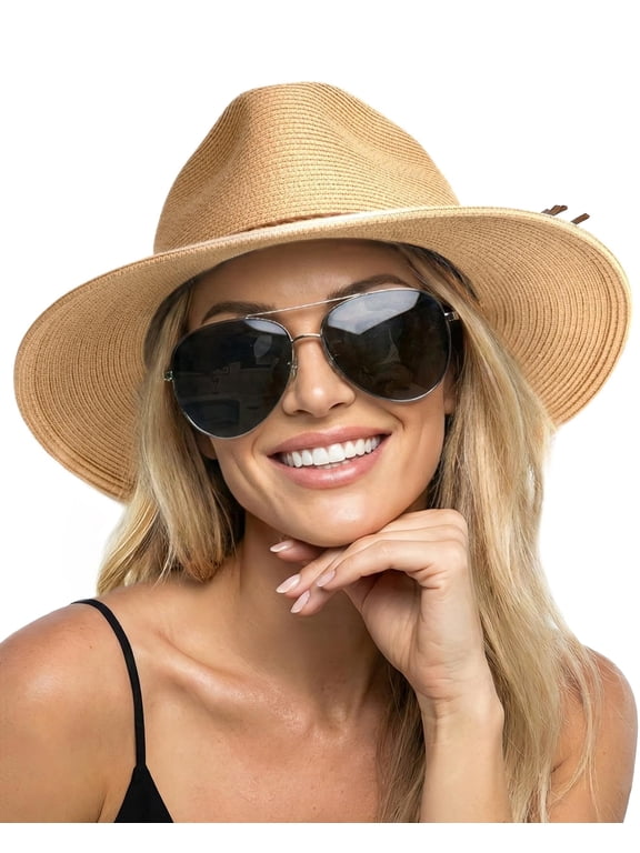 Womens Wide Brim Sun Hat Beach Panama Fedora Straw Summer | Packable for Travel, Braided Strap Decor, Adjustable Chin Cord, Breathable Sweatband, Ideal for Summer Vacations