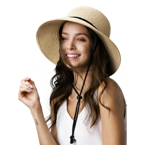 FURTALK Womens Wide Brim Sun Hat UPF 50+ Summer Straw Beach Hat with Wind Lanyard- Mix Beige- M