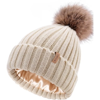 FURTALK Womens Winter Beanie Hat Satin Lined Faux Fur Pom Pom Beanies Hat for Women Winter Warm Knit Hats