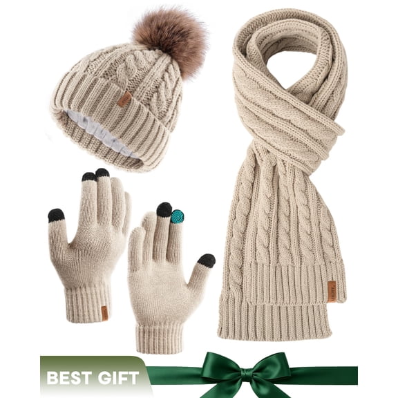 FURTALK Womens Winter Hat Gloves Scarf Set Fleece Knit Pom Beanie Warm Neck Warmer Touchscreen Gloves 3 in 1 Gift Set