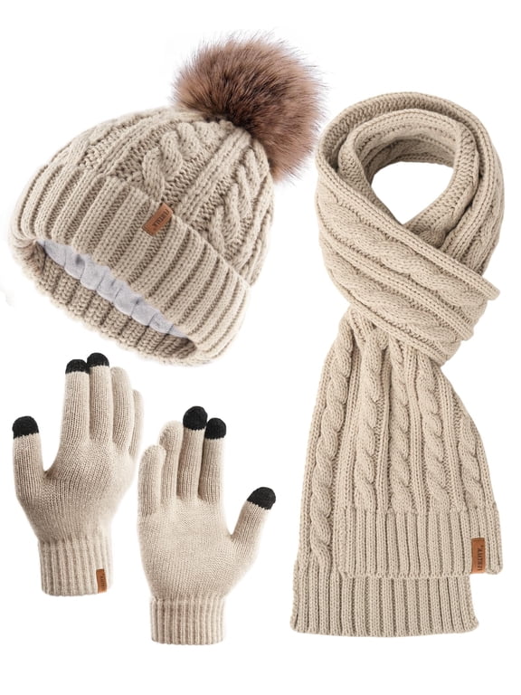 Womens Winter Hat Gloves Scarf Set Fleece Knit Pom Beanie Warm Neck Warmer Touchscreen Gloves 3 in 1 Gift Set
