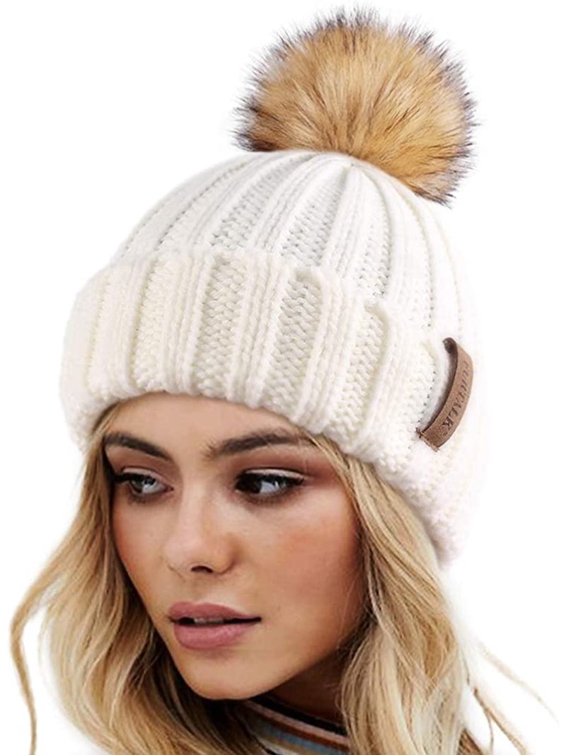 ?Furtalk Faux Fur Women White Winter Knitted Pom Warm Skull Beanie Soft Caps SPXTOM Polyester Fiber Knit Warm with Pom-pom, Knit Skull  main image 2