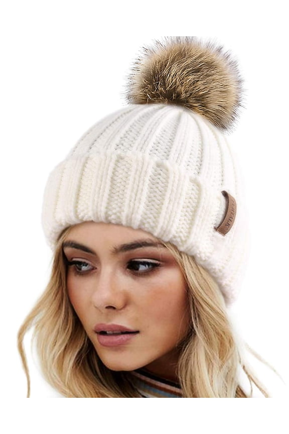 Womens Winter Knitted Beanie Hat with Faux Fur Pom Warm Knit Skull Cap Beanie for Women