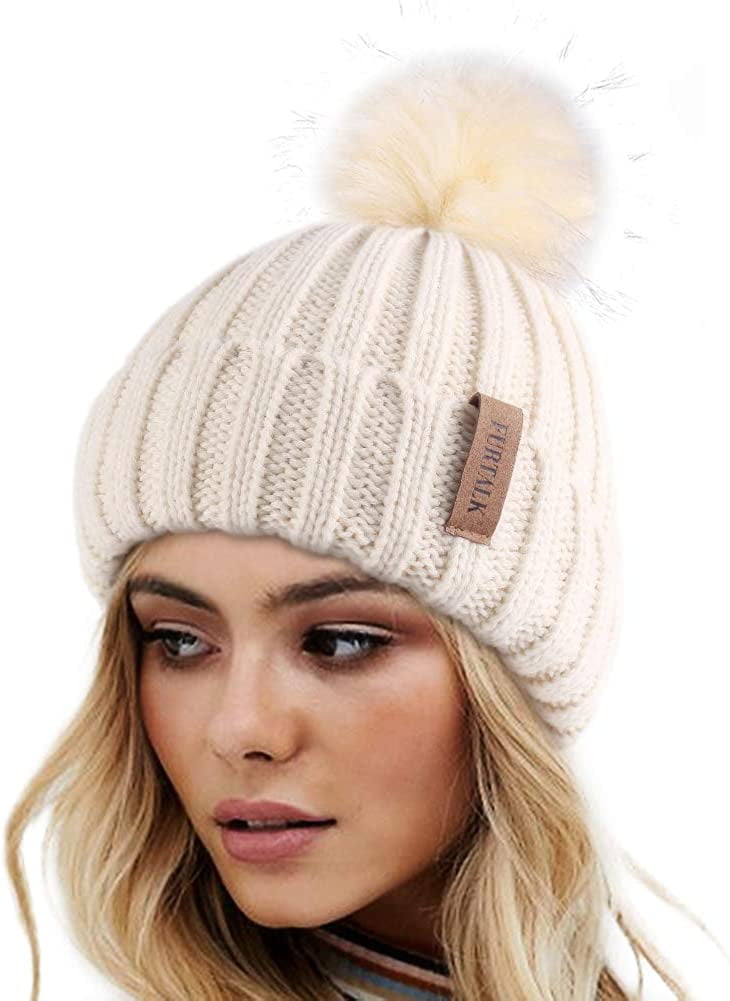 Furtalk Womens Winter Beanie Hat Satin Lined Faux Fur Pom Pom Beanies Hat for Women Winter Warm Knit Hats