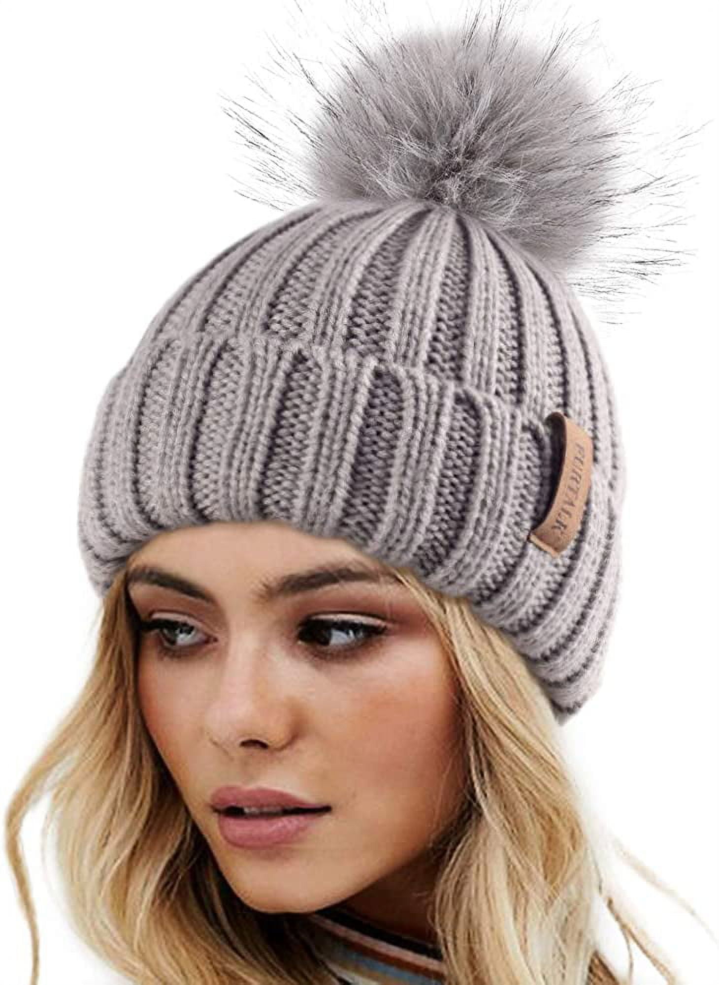 Winter Beanie w/Removable Fur Pom-Pom - Warm Knit Soft Ladies Beanie Hat - 5366