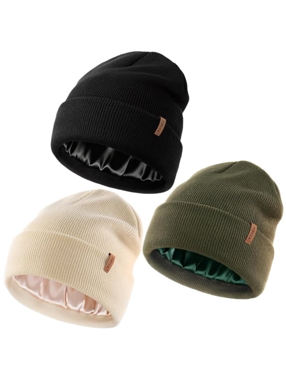3 Pack Womens Winter Warm Satin Lined Beanie Hats Silk Lining Unisex Knit Slouchy Caps