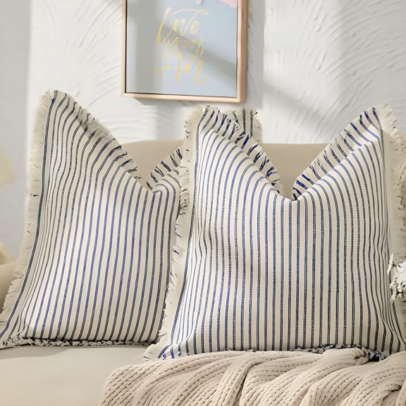 FURVENA 2026 New Decorative Throw Pillows for Couch 18X18 Inch Farmhouse Accent Square Throw Pillow Striped Patchwork Linen Spring Pillows for Sofa Couch Chair Bedroom,1Pack,Blue