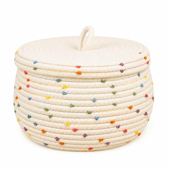 FURVENA 2026 New Storage Basket with Lid,Round Cotton Rope Basket Small Decorative Basket,Cute Colorful Rainbow Container Woven Storage Bin for Organizing (9.84 X 9.84 X 6.29 In)